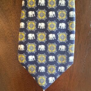 NWT 100% Thai Silk Hand Made Necktie Navy Blue Yellow Gray White Elephant‎ Motif